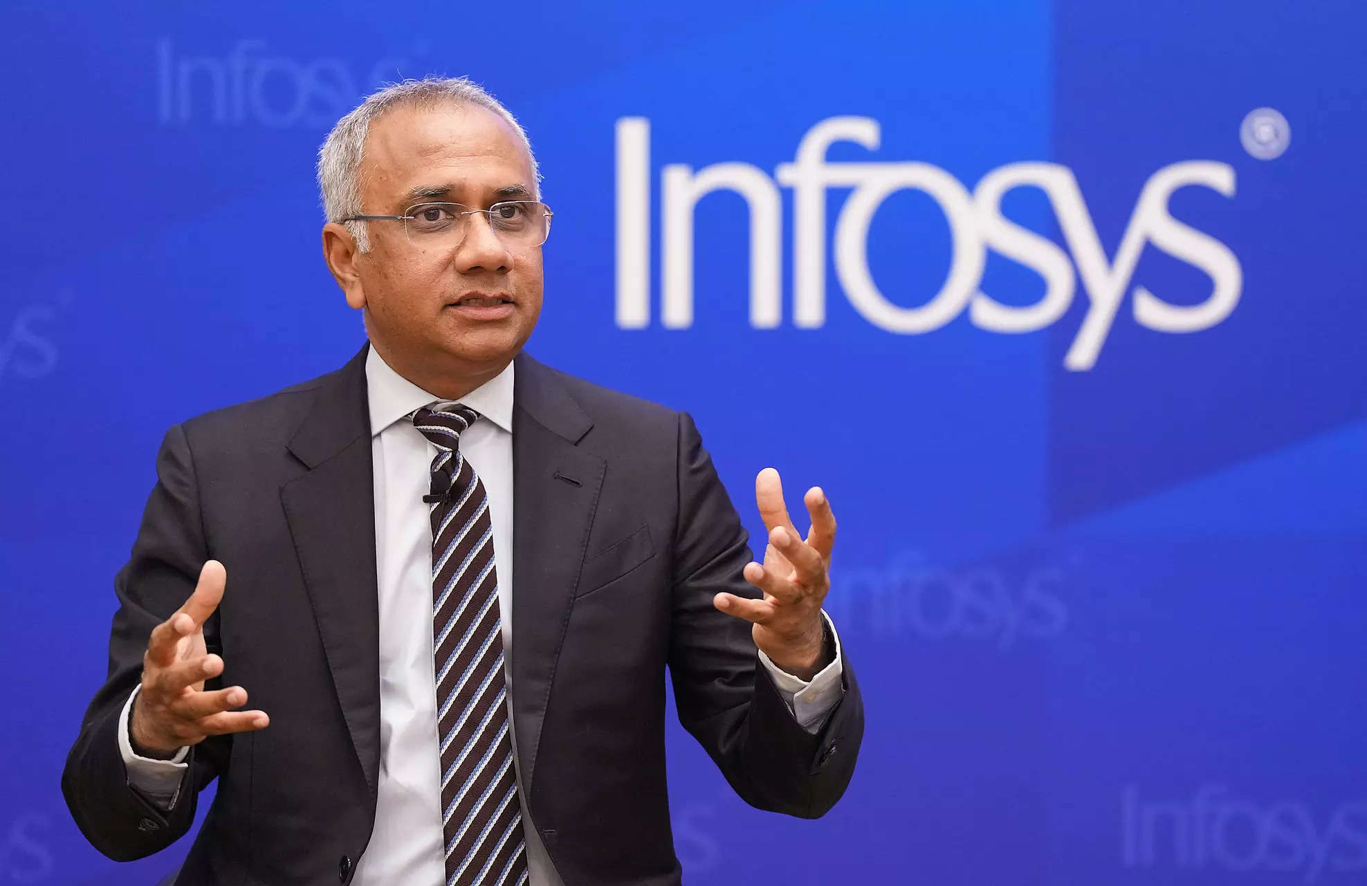 Infosys CEO Salil Parekh speaks during the announcement of Q4 results
